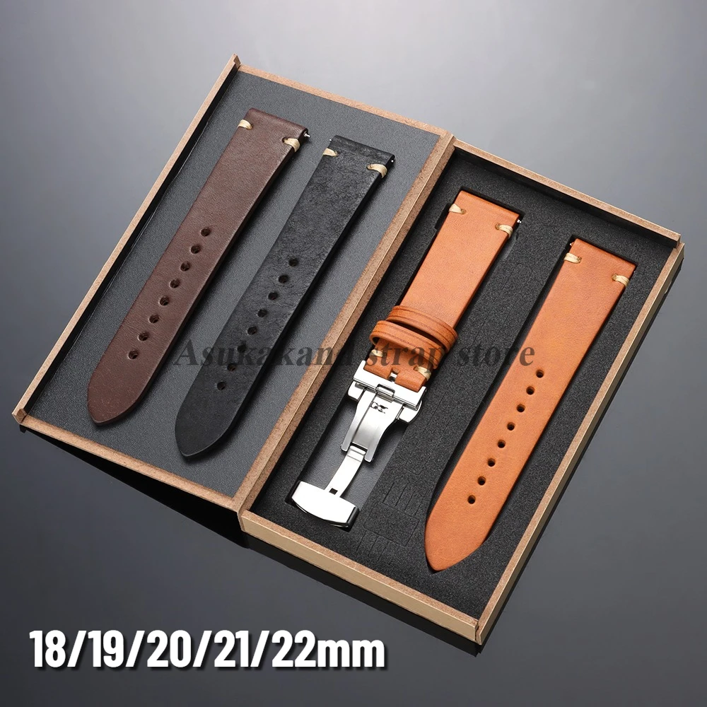 

Кожаные ремешки для часов 18 мм, 19 мм, 20 мм, 21 мм, 22 мм для Seiko, Omega, из воловьей кожи, с застежкой-бабочкой, быстросъемные, в деревянной коробке