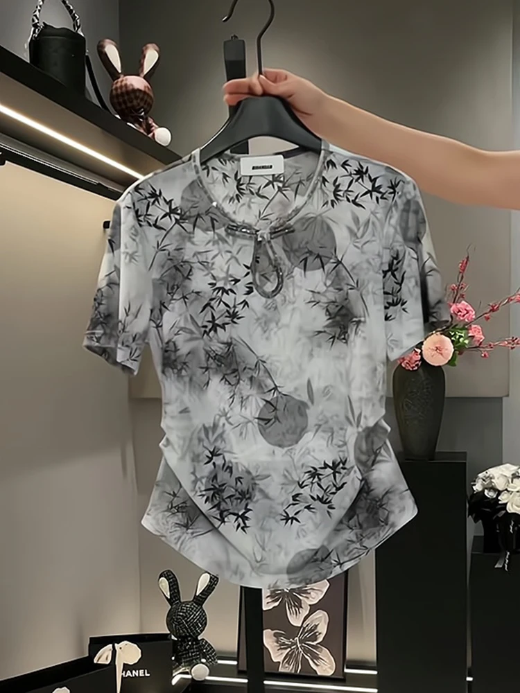 

Retro Chinese Style Short Sleeve T-Shirt Women's Summer Slimming Waist Design Ink Painting Print Fashionable Youthful Top