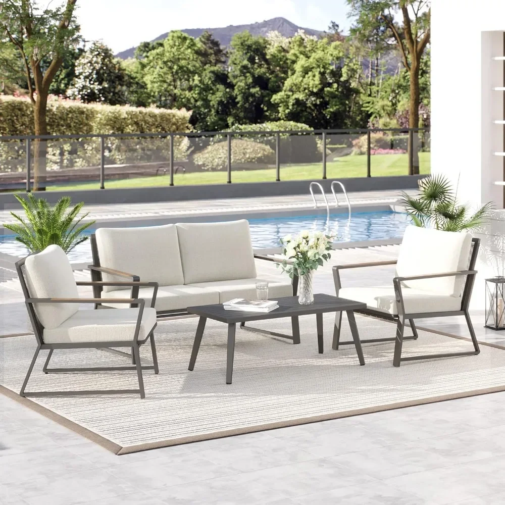 4 Piece Patio Furniture Set, Aluminum Conversation Set, Outdoor Garden Sofa Set with Armchairs, Loveseat, Center Coffee Table