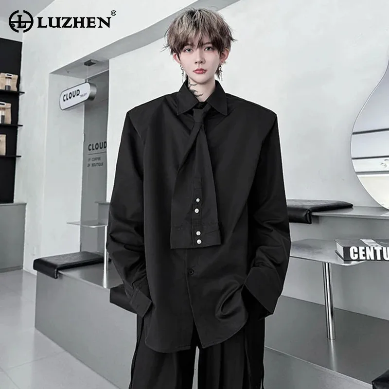 

LUZHEN Original Personalized Necktie Decorate Long Sleeve Shirt Men's New 2025 Solid Color Handsome Luxury Casual Clothes JY3637