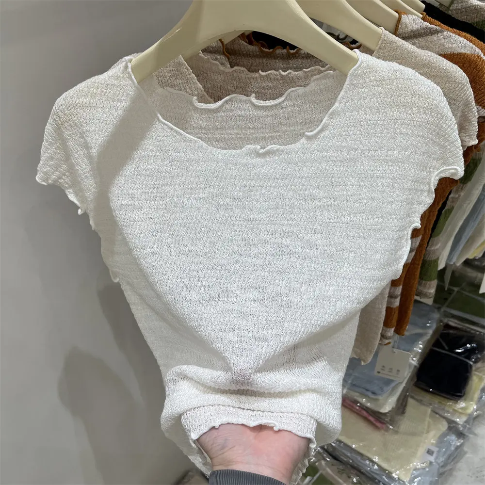 2026 Summer New O-Neck Striped Knitted Women T-shirt Stylish Ruffled Edge High Waist Slim Fit Crop Top Thin Ice Silk Solid Tee