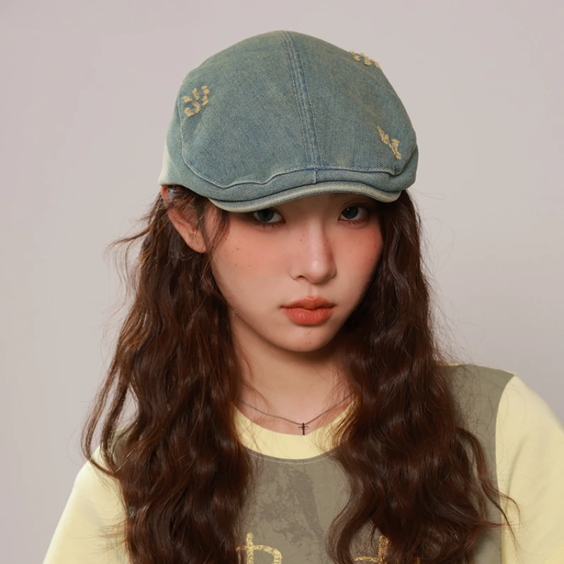 Vintage Hole Design Washed Denim Berets Cap for Women Spring and Summer Fashion Versatile Sunscreen Casual Yuppie Men's Hat