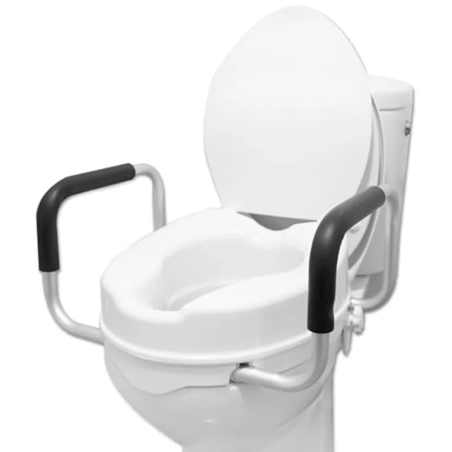 

Raised Toilet Seat with Handles and Lid for Elderly 4 High Fits Round and Elongated up to 15 Wide Commode Seat with Sturdy Brac