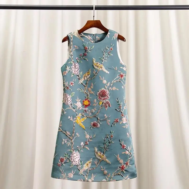 Vintage Palace Style Flower Bird Embroidery Bead Diamond Sleeveless Tank Dress Slim Green O-Neck Party Evening Mini Dress 2023