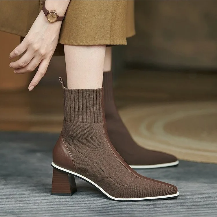 high-heeled ankle boots women 2022 autumn winter retro knitted elastic stockings thick heel ankle boots pointed short boots