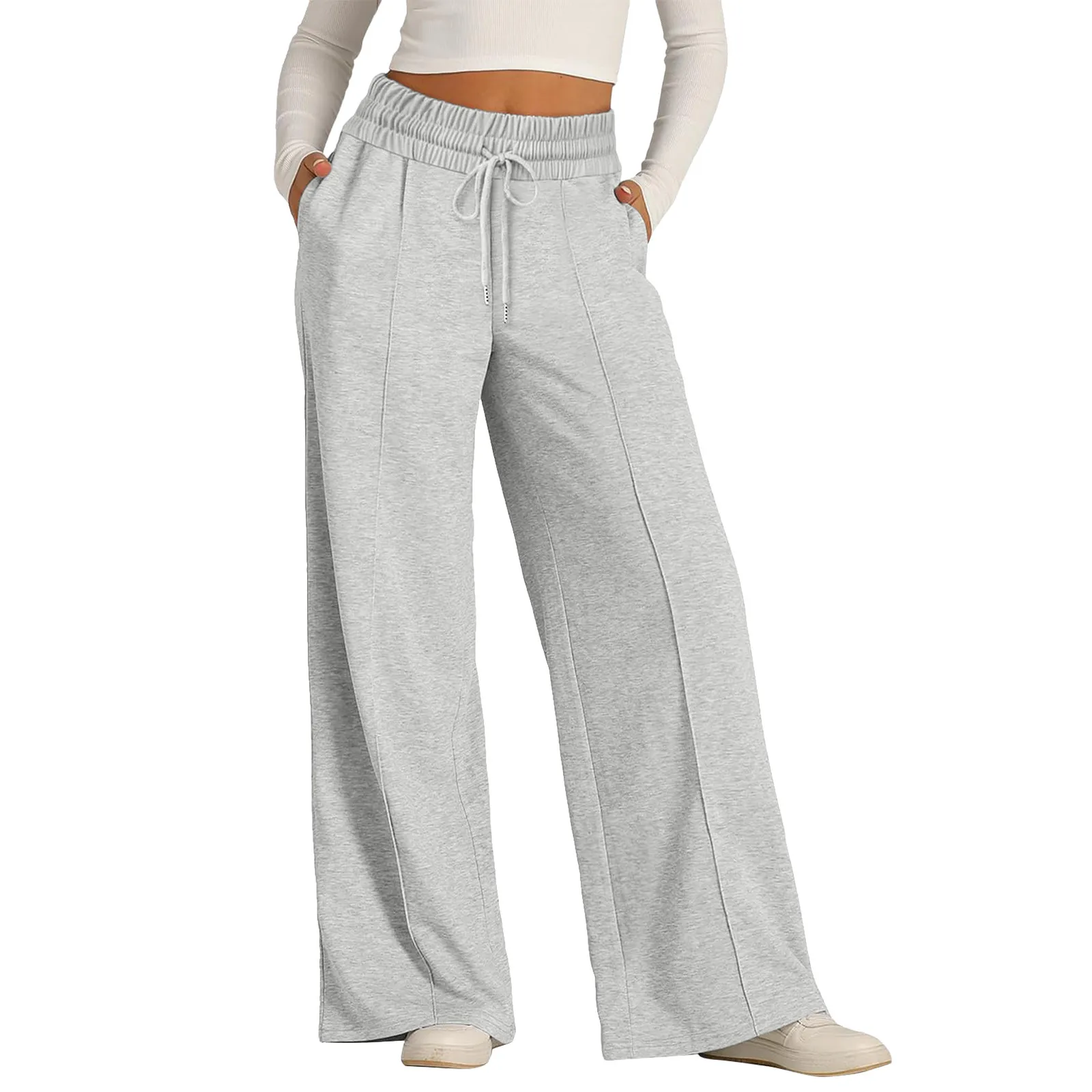 Women Oversized Sweatpants Elastic Drawstring Wide Leg Pants Loose Gray Trousers Solid Color Joggers Pantalones De Mujer