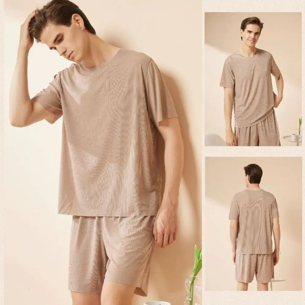 

Home Clothes Seamless Short Sleeve Sleepwear Suit Simple Ice Silk Men Summer Pajamas Loose Home Wear 2Piece Nightwear Set Women