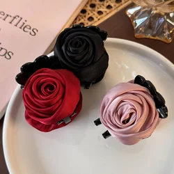Retro New Handmade Satin Rose Flower Hair Clip Geometry Hair Claw for Women Girl Elegant Hairpin Crab Barrettes Hair Accessories