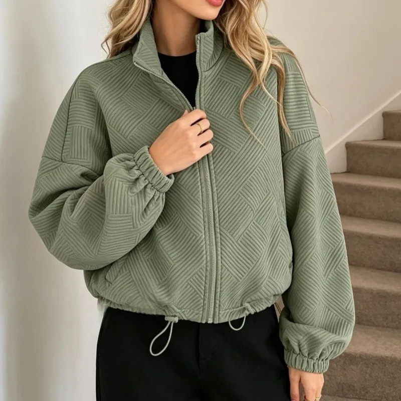 2026 New Women's Autumn/Winter Jacket Solid Color With Zipper Lantern Sleeves Fashionable Comfortable Versatile And Daily Jacket