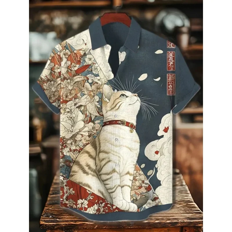 ثلاثية الأبعاد مطبوعة متعة القط الأسماك قميص هاواي صيفي للرجال لطيف الحيوانات نمط ألوها قمصان الصيف قصيرة الأكمام بلايز الشارع بلوزة غير رسمية #3