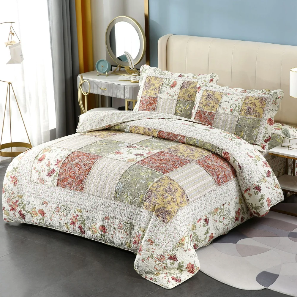 Handmade Patchwork Cotton Quilt 3PCS Set Boho Chic All Season Bedspread for Comfortable Sleep 4PCS Quilted Duvet Cover Set