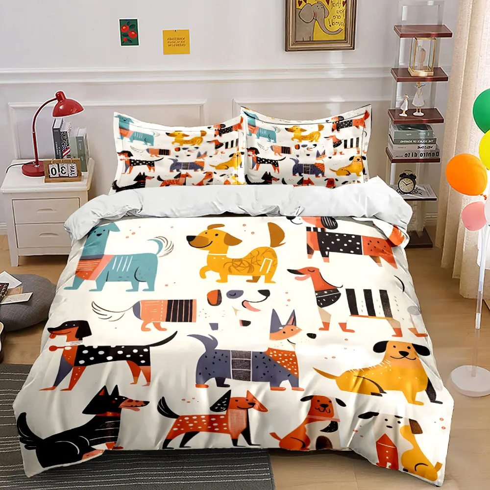 

"Cartoon Dog Print Decor Set" Bedding Set with 1 Duvet Cover 2 Pillowcases Single Double King Queen, Gift