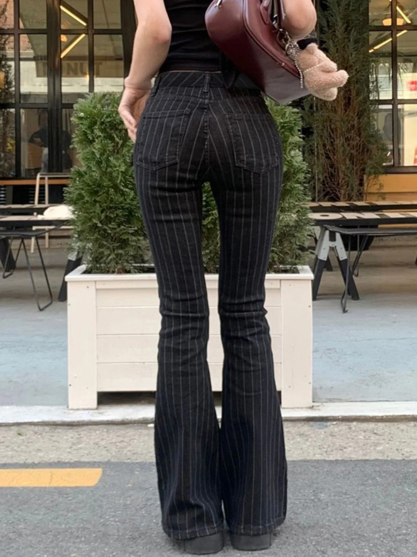 

FDEY Stripe Slim Vintage Chic Jeans Zipper Pockets Fashion Low Waisted Button 90s Pants Streetwear All-match For Women