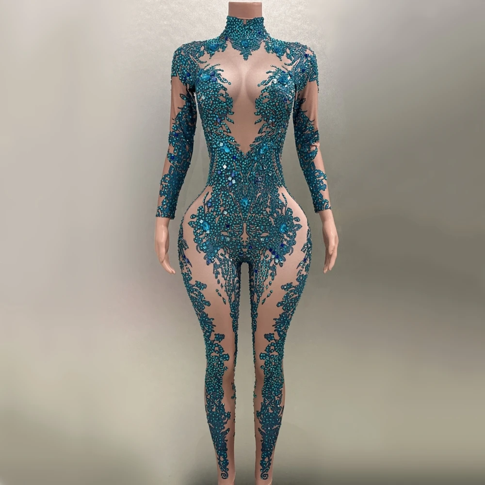 IN STOCK High Qulity Sparkly Diamond Azure Blue Color Sheath Jumpsuit Nightclub Singer DJ Performance Costume Dancer  Stage Wear