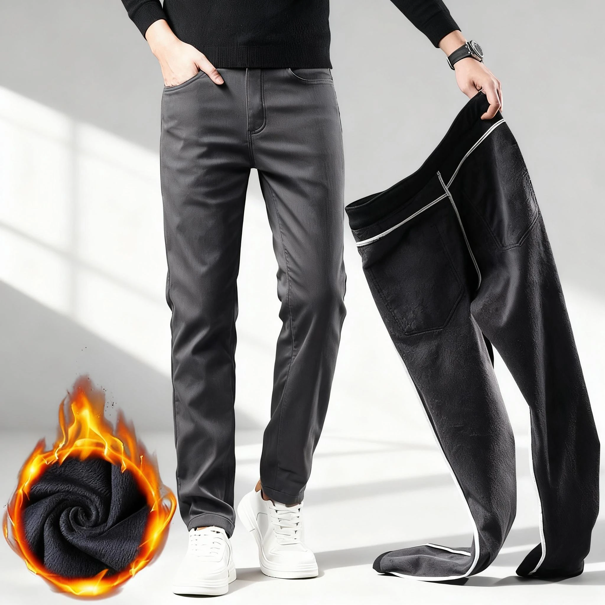 

Winter Fleece Warm Grey Casual Pants Men Cotton Twill Fabric Outdoors Thick Flocking Plush Black Army green Trousers Male 28-38