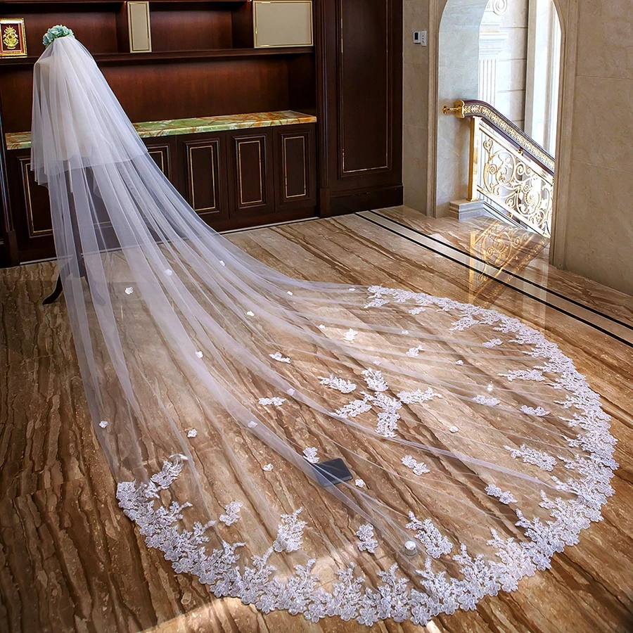 Voile de mariage cathédrale avec peigne, appliques à deux couches, long voile de mariée, accessoires de mariage, en stock