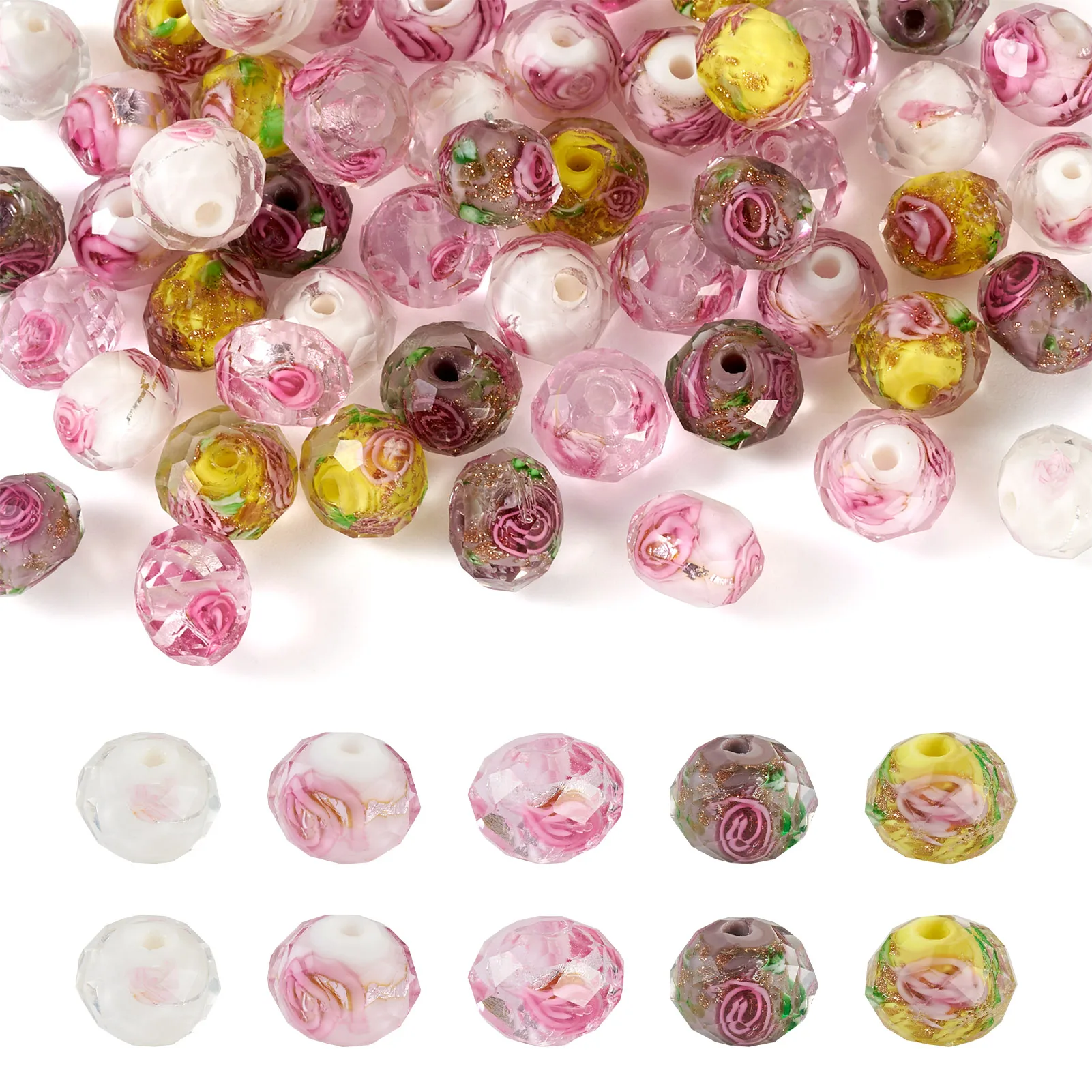 

50Pcs Handmade Gold Sand Lampwork Beads Strands Inner Flower Faceted Rondelle Mixed Color for Making DITY Jewelry Bracelet Craft