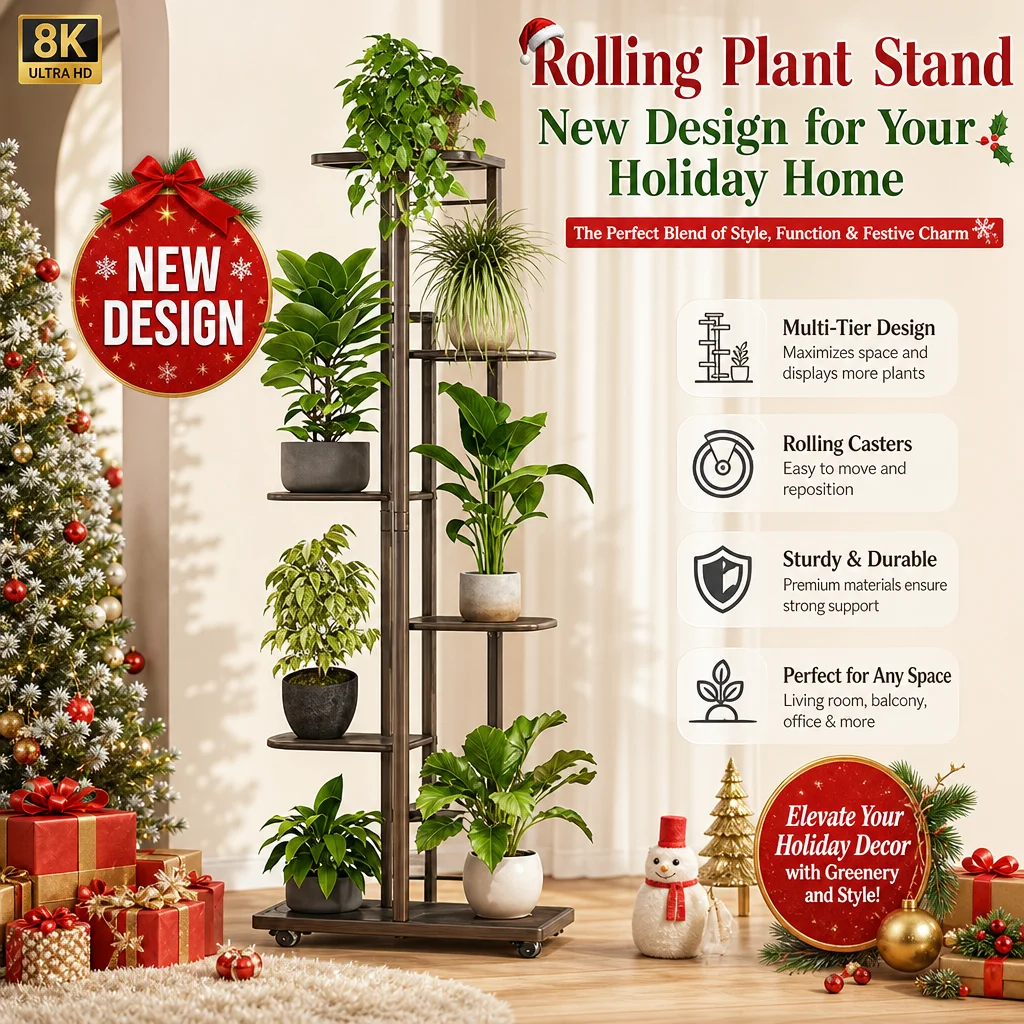 Tall Plant Stand with Lockable Wheels, Metal Rolling Plant Shelf, Multi-Layer Plant Organizer for Multiple Plants