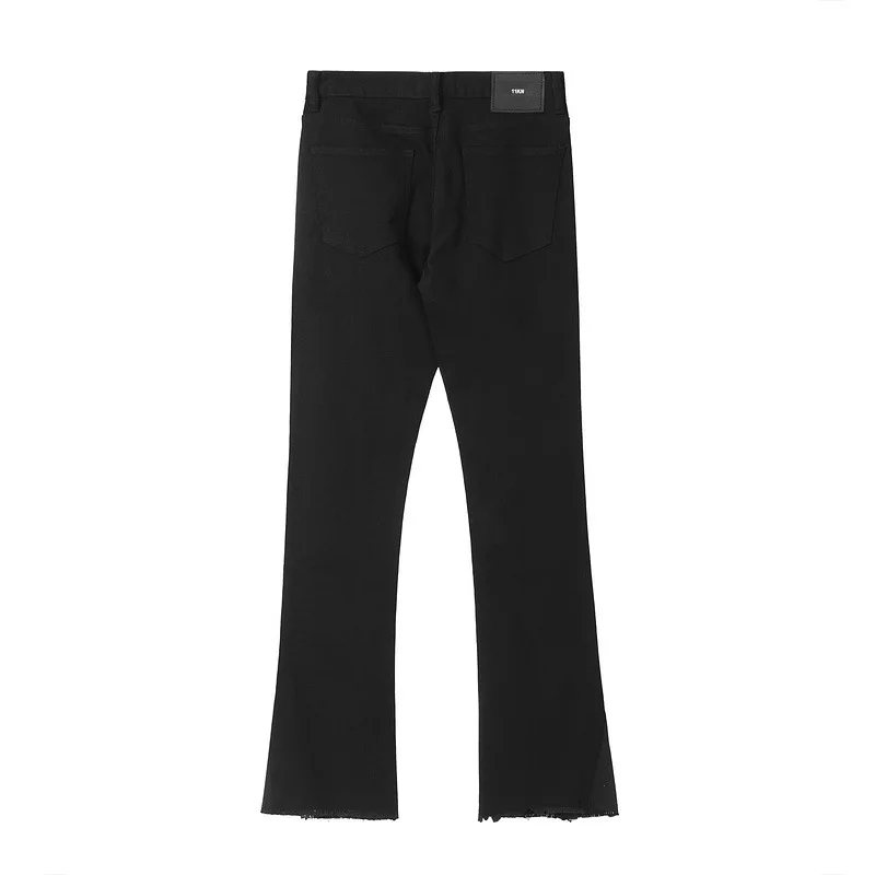 2025 Autumn New Micro Flare Slim Fit Men Jeans Black Cat Whisker Frayed Hem Casual Simple Long Pants