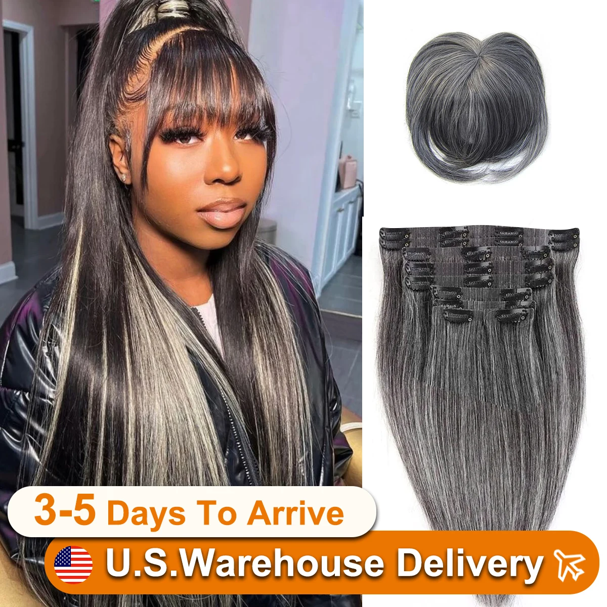 Extensions de cheveux humains à clipser pour femmes, postiche droite, couleur gris argenté, 18 po