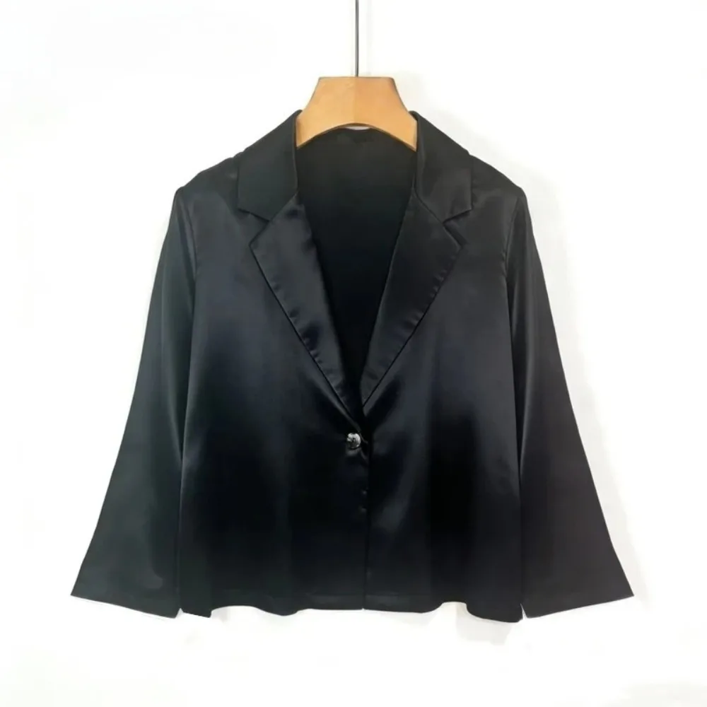 Women's Clothing Heavy 26MM 100% Natural Mulberry Silk Satin Black Commuting Fashionable One Button Office Long Sleeved Suit