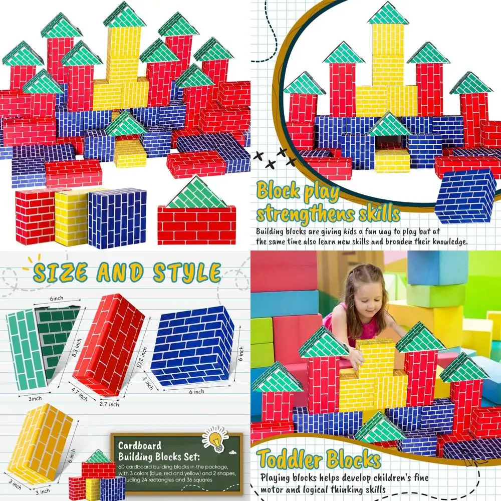Set di 48 blocchi di cartone jumbo per bambini: forme spesse e impilabili in blu, giallo, rosso, verde per giochi educativi