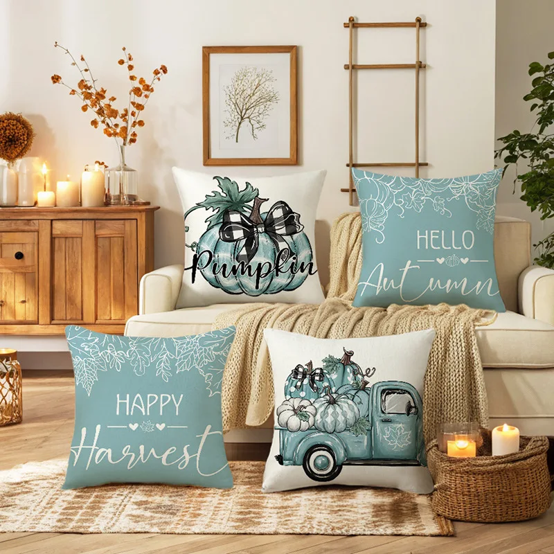 

Fall Decor Pillow Covers 45x45cm Set of 4 Autumn Blue Pumpkin Decorative Pumpkin Patch Truck Fall Harvest Thanksgiving Decor