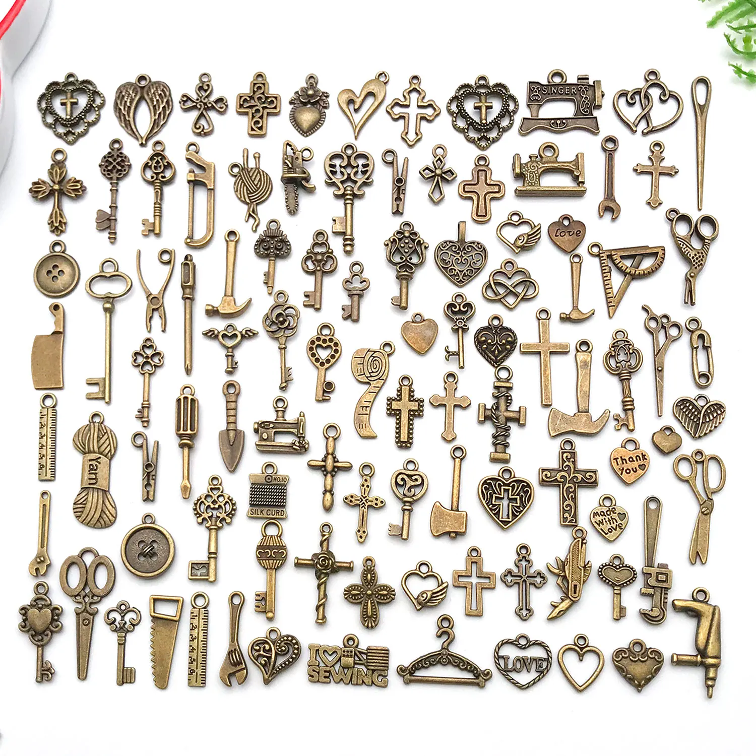 

100-Piece Mixed Charm Set (Key + Heart + Cross) – Perfect for Handmade Necklaces, Bracelets, and Earrings.