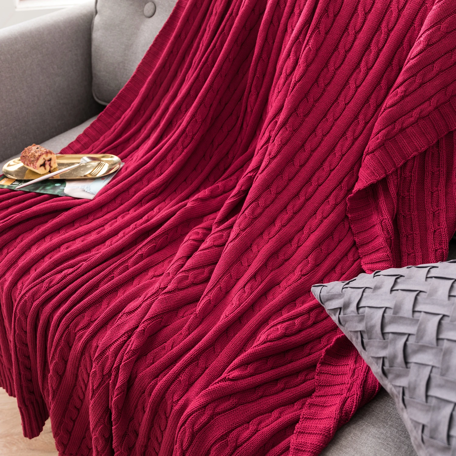 Battilo Cotton Knitted Throw Blanket Soft Cozy Cable Knit Sofa Throws Large Heavyweight Decorative Blanket for Twin Queen Bed