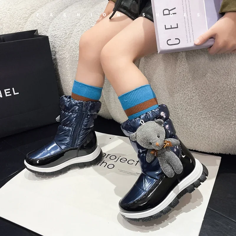 Botas de neve infantil com urso Boneca, Kawaii, Grossa, Quente, Sapatos de Algodão, Antiderrapante, Impermeável, Laser, Fofos, Bebés Meninas, Inverno