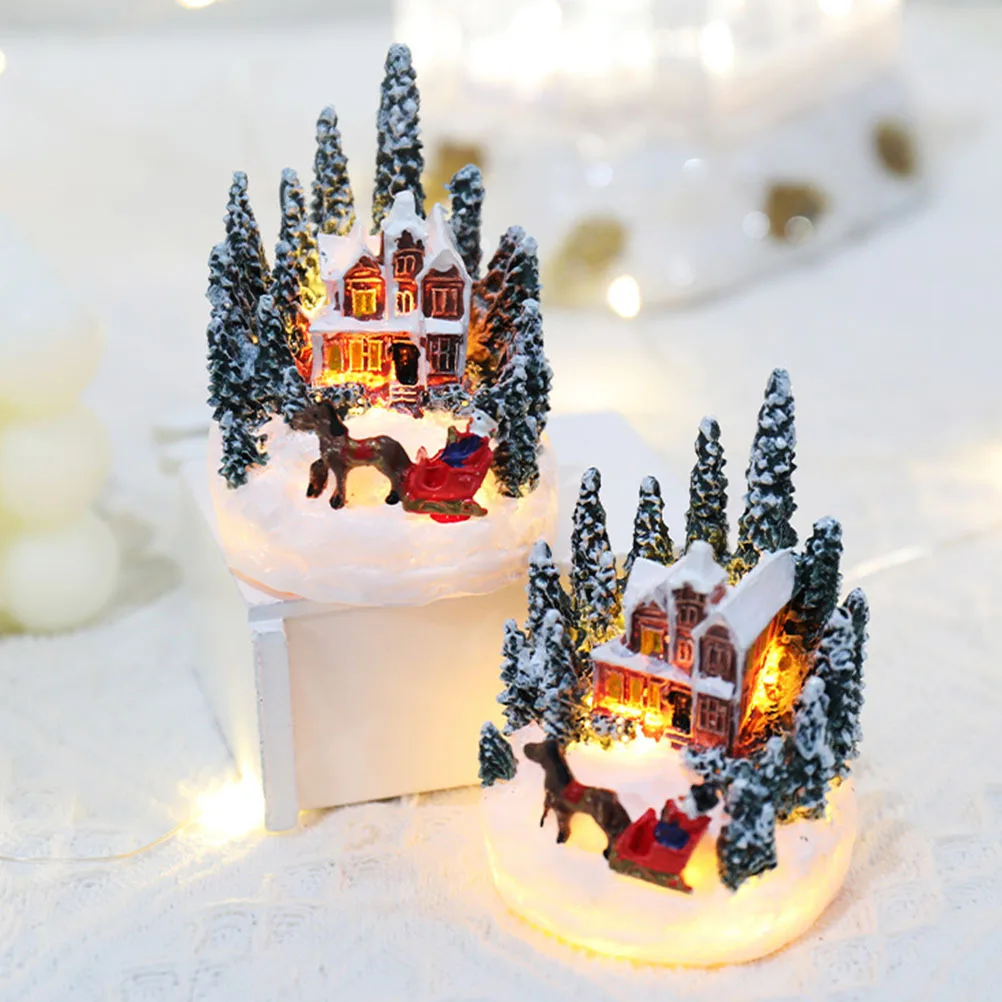 

2Pcs Christmas Luminous Mini Decor Resin Lighting Ornaments Xmas Village Party Desktop Centerpiece Holiday Glow Decoration