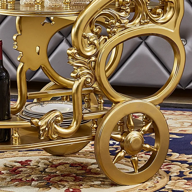 European style noble luxury solid wood champagne gold engraved family trolley serving cart restaurant