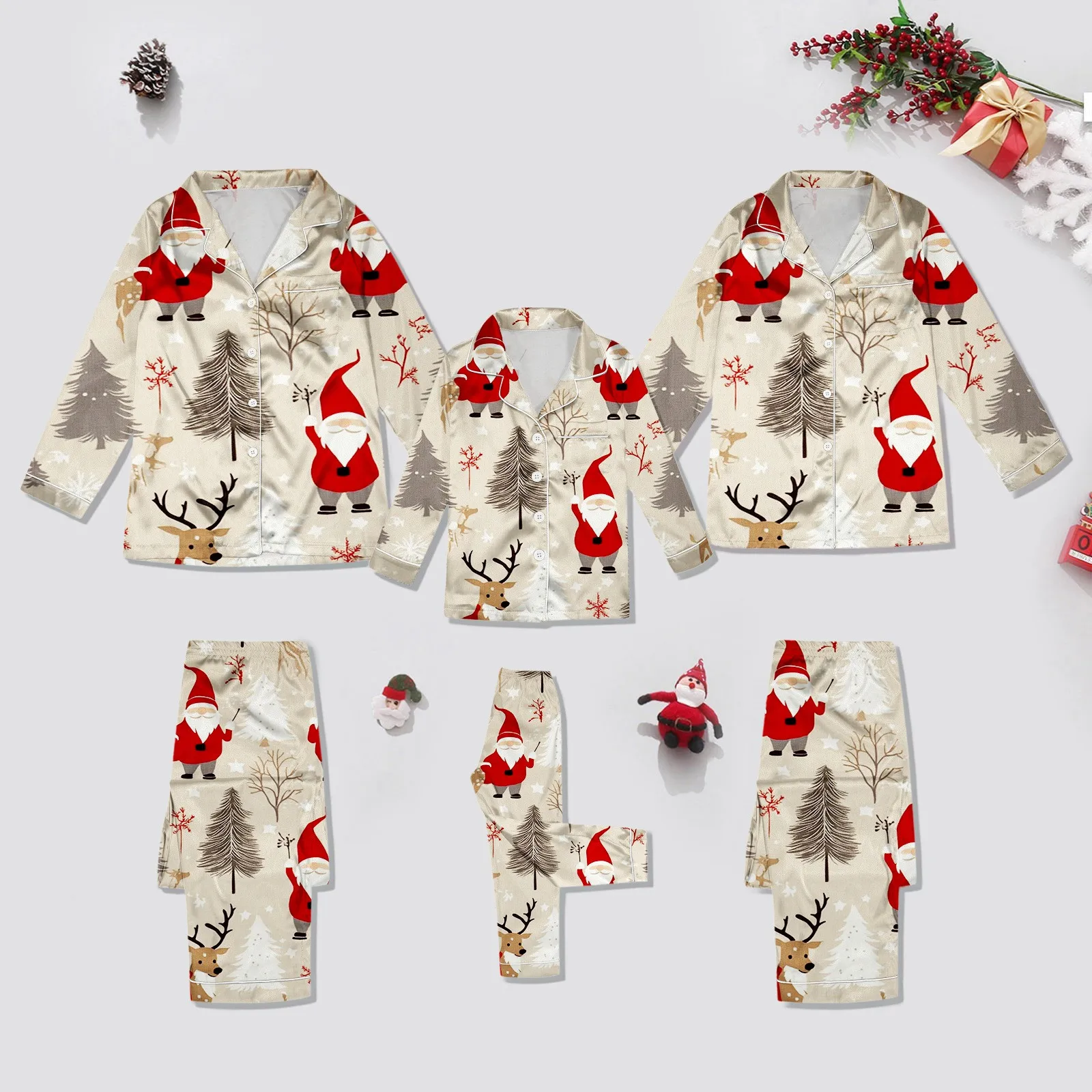 Family Christmas Matching Outfits Christmas Printed Silk Long Sleeve Pajamas Set Adults Kids 2 Pcs Suit Homewear Xmas Clothes