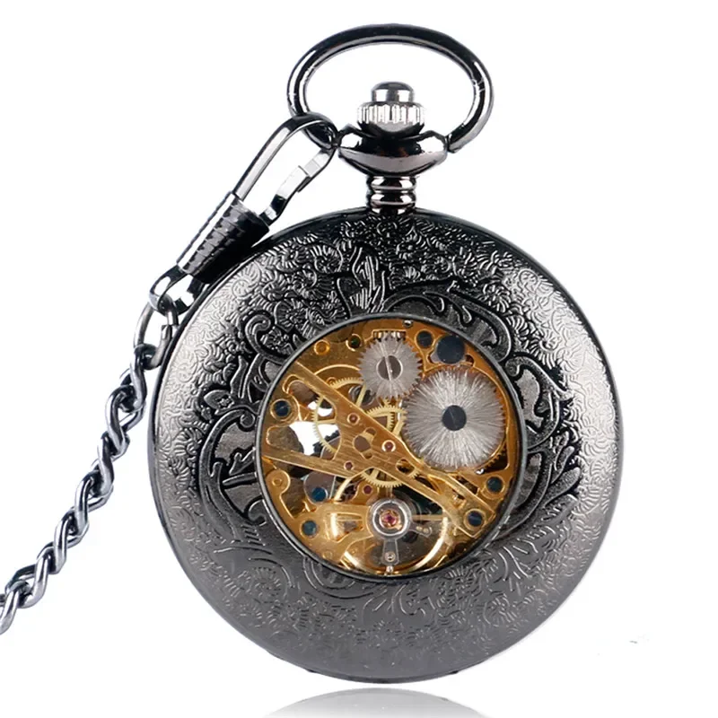 Antique Pocket Watch Hollow Out Bird Case Unisex Handwinding Mechanical Watches Men Women Black Clock Pendant Chain