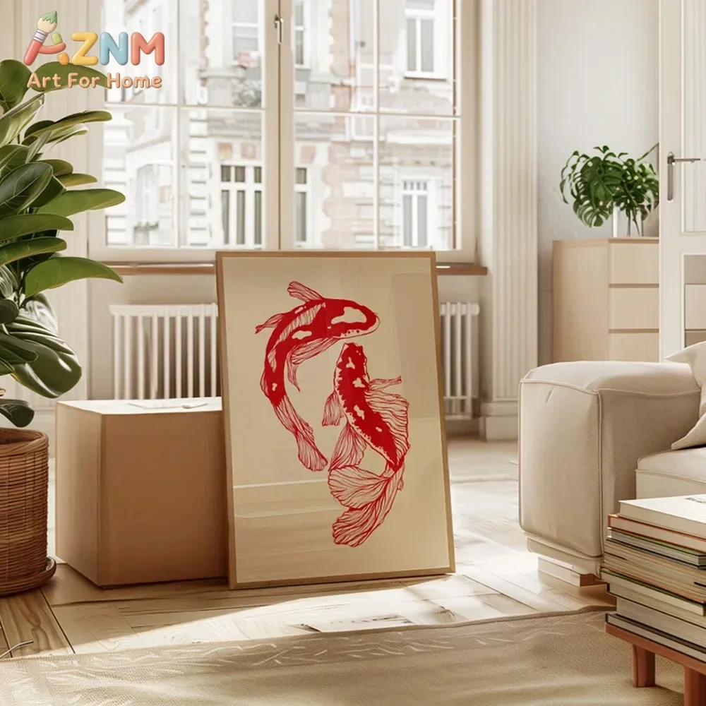 AZNM Red Line Koi Fish Canvas Wall Art, Vintage Oriental Carp Line Art Print, Frameless Canvas Painting for Living Room Home Dec