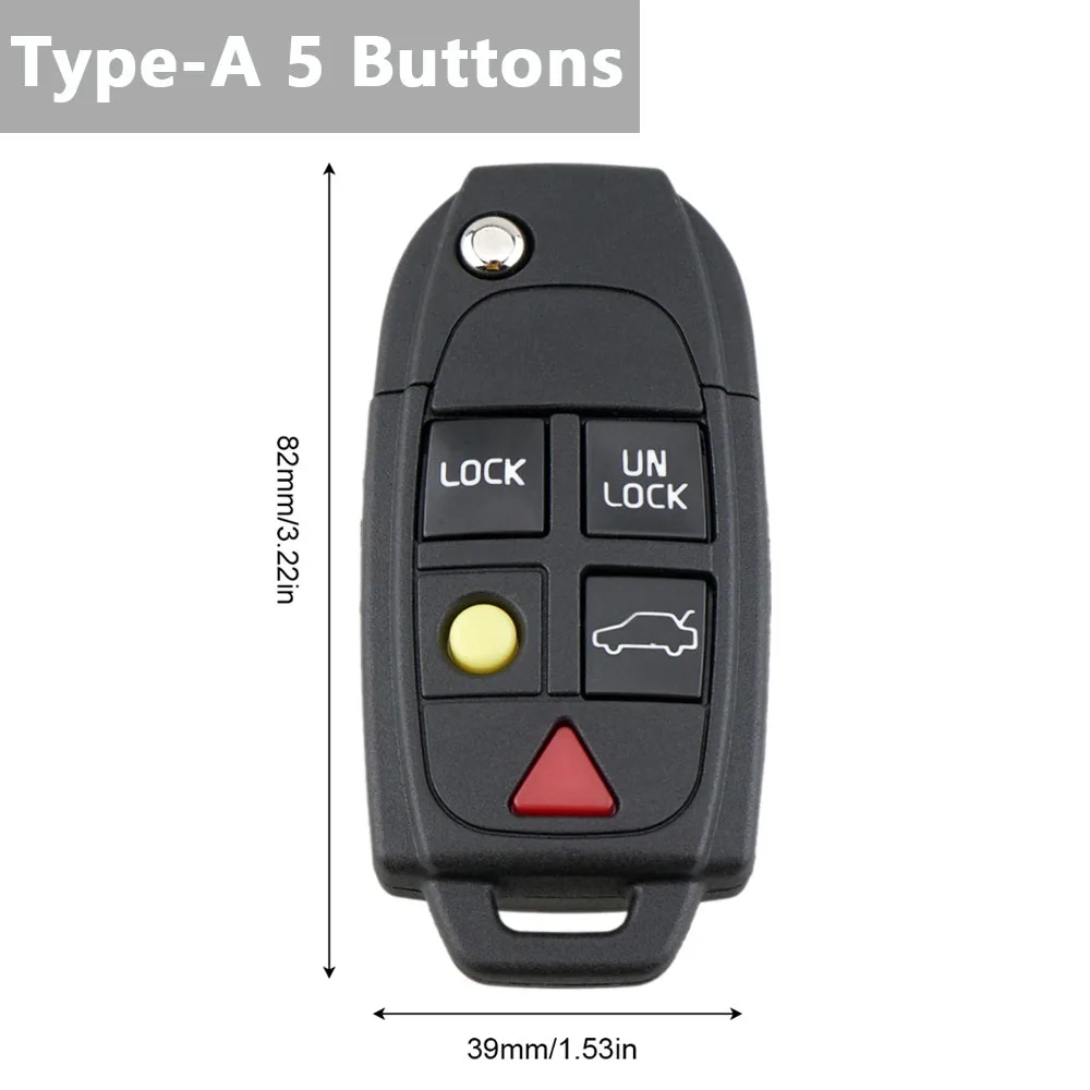 Funda de llave remota con tapa de 5 botones, reemplazo FOB para VOLVO S80 1999-2006 / S60 2000-2009 / V70 2000-2007 XC90 2002-2013