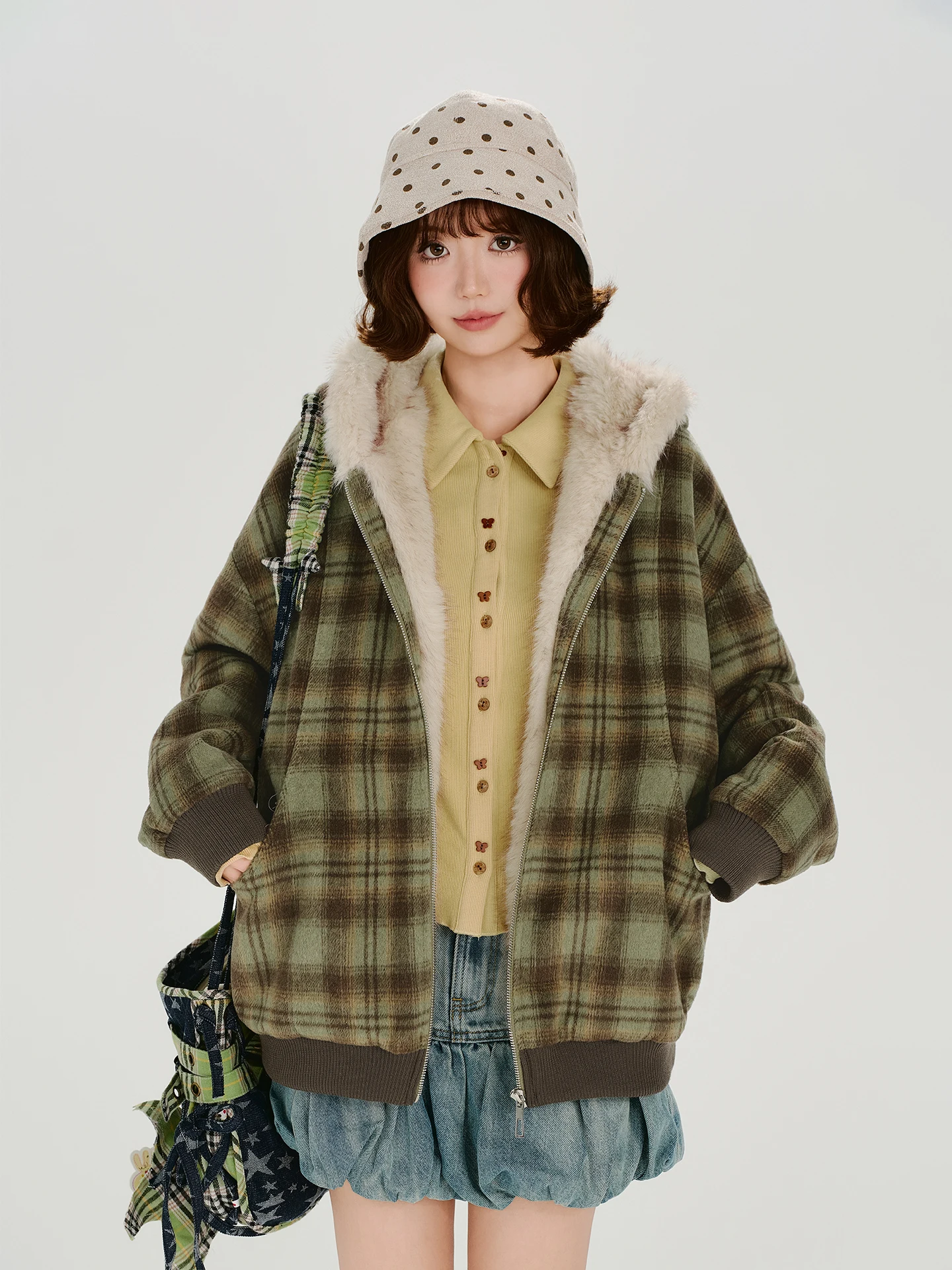 

Girly американское шерстяное пальто в клетку в стиле ретро, женское зимнее новое пальто на подкладке, теплый свободный топ, повседневное пальто с капюшоном