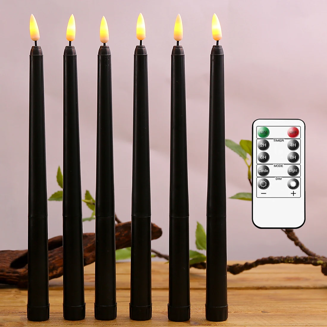 Halloween LED Black Taper Candles With Remote Control 6 or 12 Pieces,Flameless Electronic 28cm/11 inch Window Candlesticks