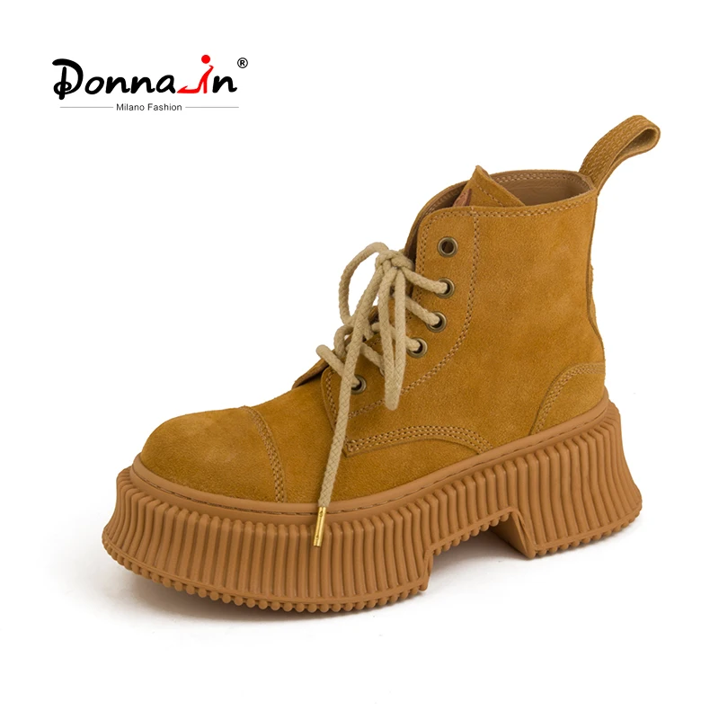 Donna-in Women Lace-up Platform Boots Cow Suede Anti-slip Rubber Sole Ankle Boots Thick Sole Round Toe Fashion Desert Boots