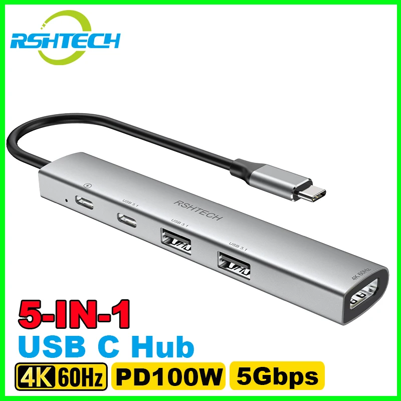 RSHTECH USB C Hub 5 in 1 Multiport Adapter 4K HDMI PD100W 5Gbps Data Ports USB C Dongle for iPhone 15 Pro Max Laptop Macbook