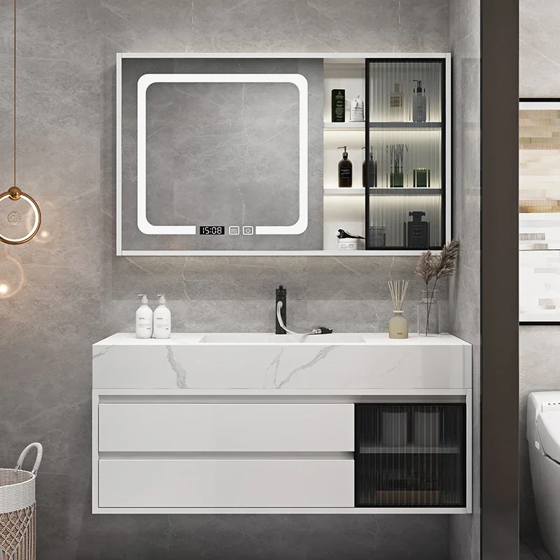 2024 Bathroom Cabinet Seamless Ceramic Basin Slate Panel Cabinet Modern Minimalist Vanity Intelligent Mirror Cabinet