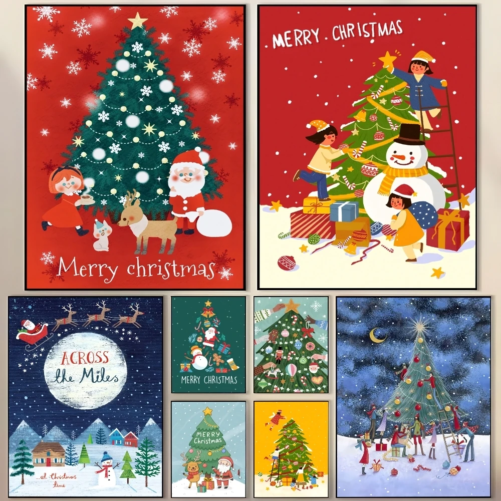 

Christmas Tree Art Painting Calligraphy Vintage Poster Canvas Waterproof Wall Art Perfect For Hallway Home Decoration Holiday