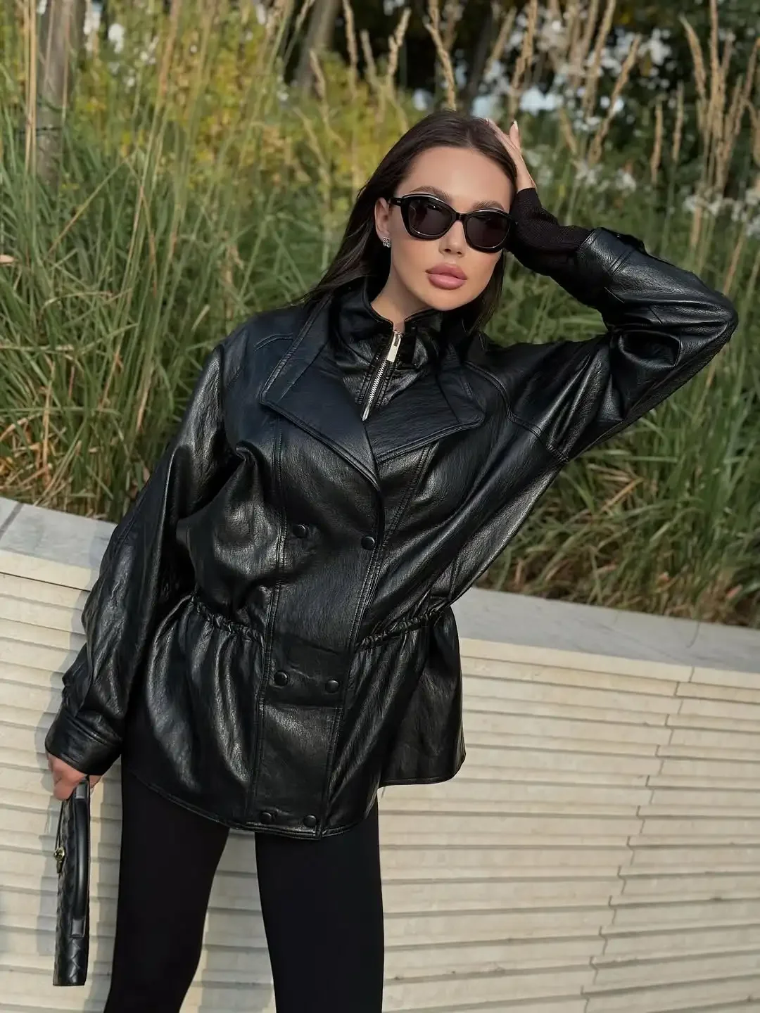 Women Vintage Black Midi Leather Jacket Fashion Stand Collar Double Breasted Zipper Loose Jackets 2026 Lady Daily Street Coat