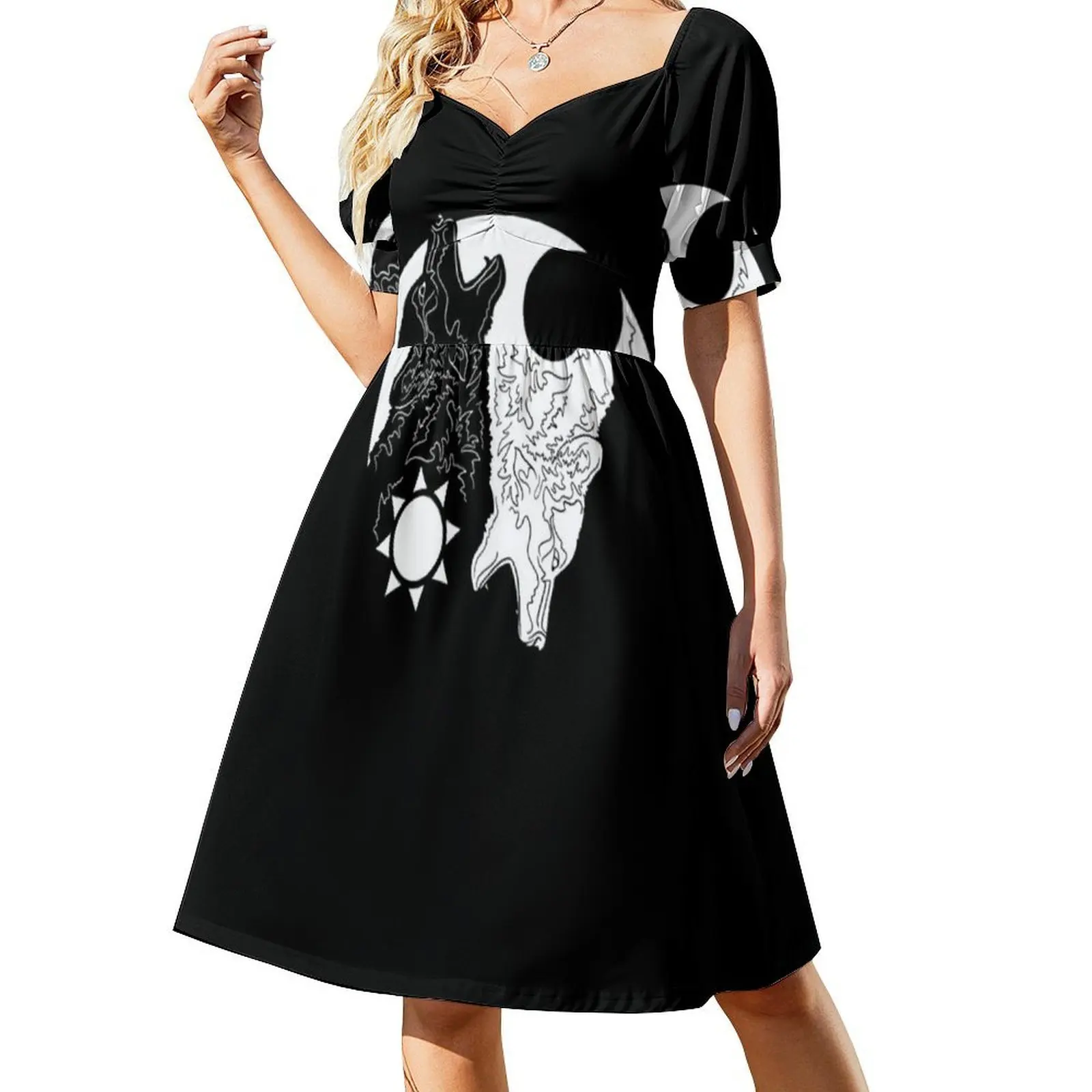 الذئاب السلبية فستان عطلة مثير للنساء شاطئ حفلة عيد ميلاد فستان قصير يينغ يانغ التوازن الذئاب الذئب الفن الذئب المرأة