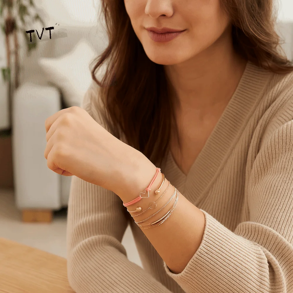 

6Pcs Simple Alloy Layered Bracelet Set Multiple Adjustable Assorted Beaded Bracelet Stackable Wrap Bangle Jewelry Daily Use