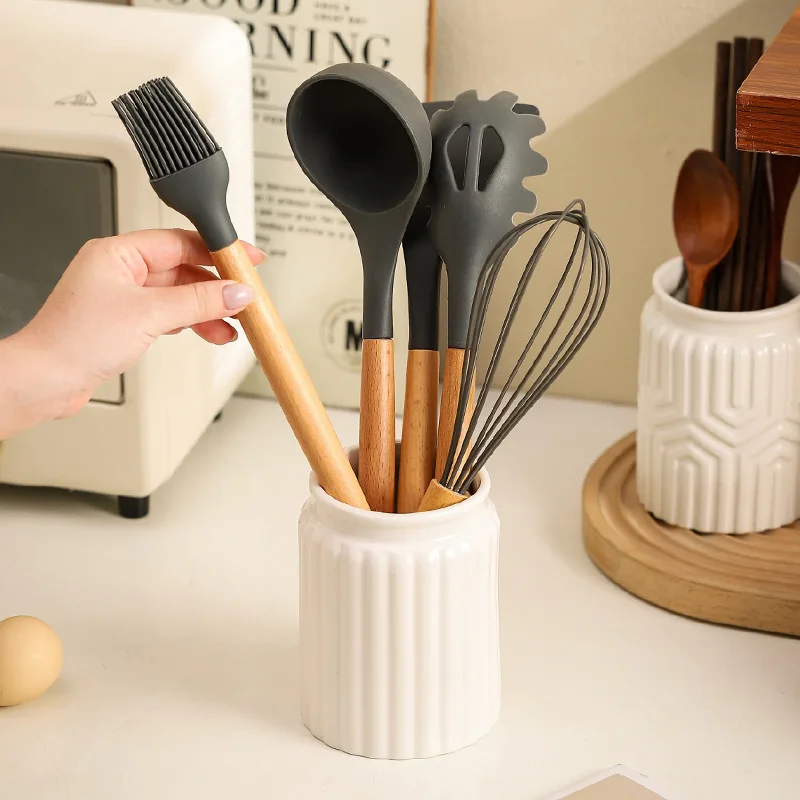 Creative White Striped Ceramic Chopstick Holder Kitchen Spatula and Spoon Storage Container Cutlery Holder Kitchen Utensil