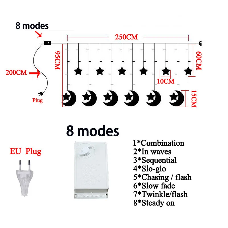 LEDムーンとスターカーテンライト,8つの照明モード,220v,EUプラグ,クリスマスのガーランド,パーティー,結婚式,新年の装飾