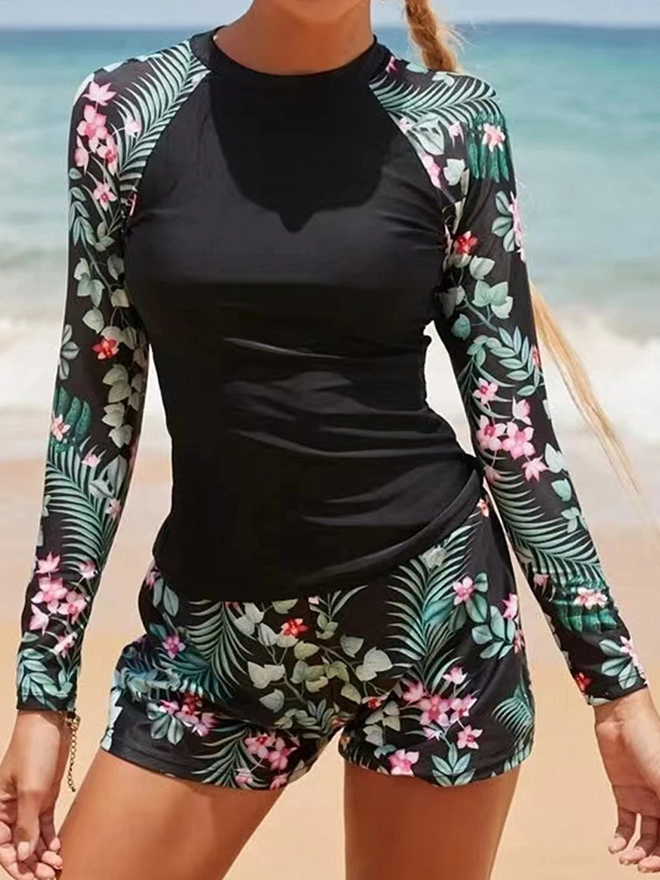 Long Sleeve Surfing Sport Swimwear 2024 Women Two Pieces Print Swimwear Female Bathers Bathing Swimming Swim Suit Beachwear Lady