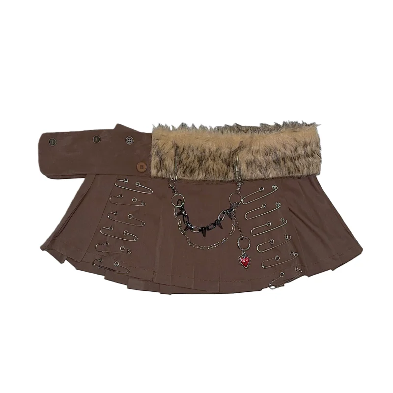 2025 خريف شتاء جديد Y2K الساخن فتاة دبوس الإناث تنورة قصيرة صغيرة فاسق تصميم تقليد الفراء حزام على شكل سلسلة مطوي ألف خط التنانير النساء