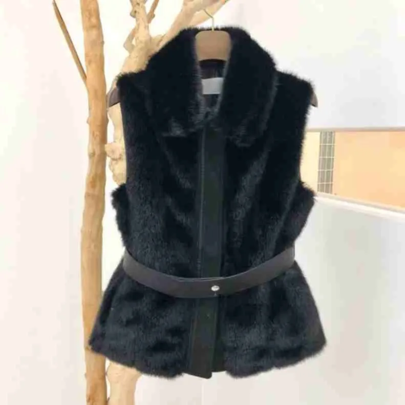 Gilet Chic et décontracté pour femme, vêtement d'extérieur avec ceinture, garniture en fourrure, pour les déplacements à la taille, avec ceinture, autre fourrure, automne et hiver
